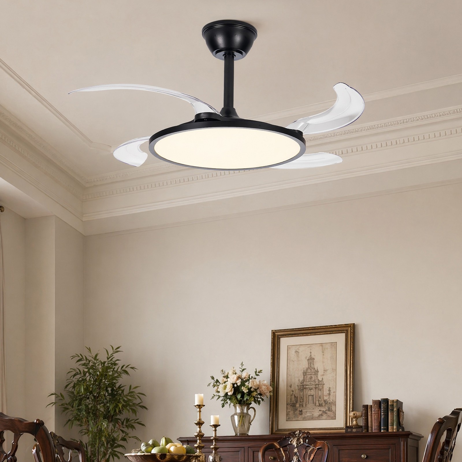 42 inch Remote Control Low Profile Black Retractable LED Ceiling Fan with Light gallery