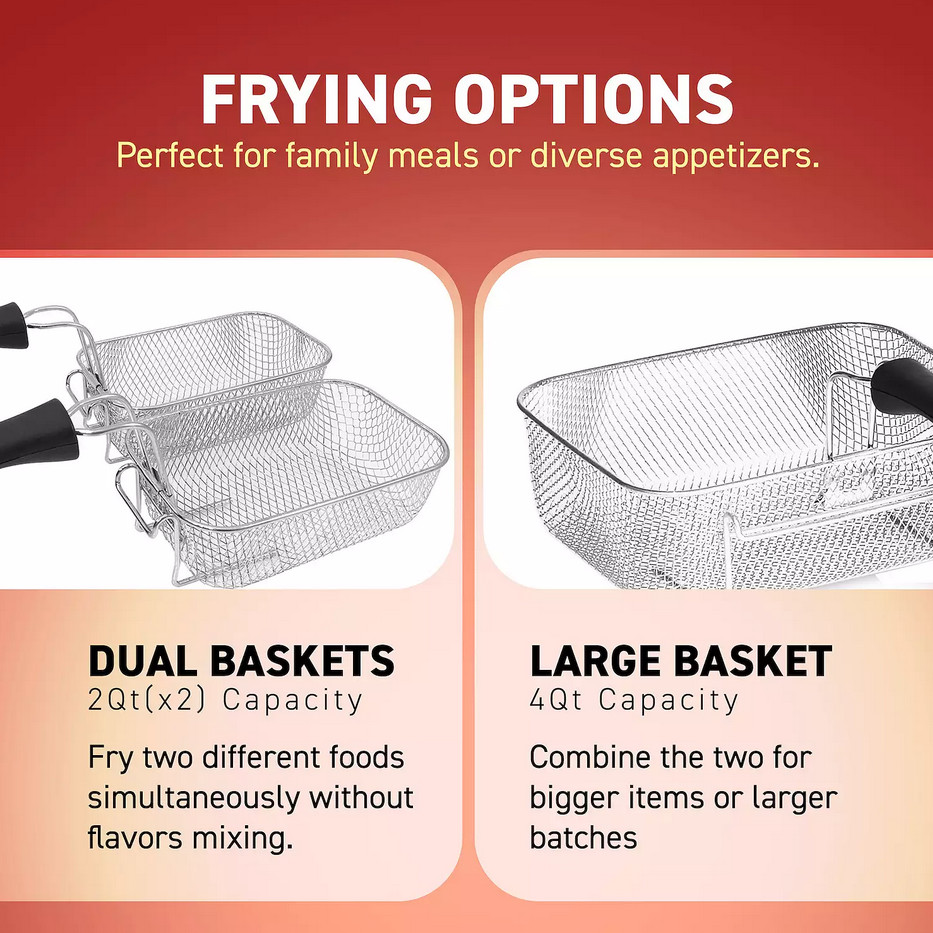 4QT Dual Deep Fryer with 3 baskets, Timer and Temp Knobs. 1700 W gallery