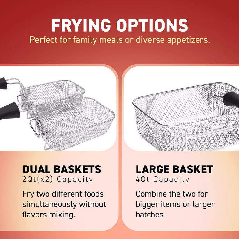 4QT Dual Deep Fryer with 3 baskets, Timer and Temp Knobs. 1700 W gallery