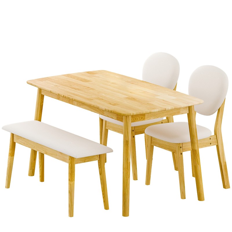 4 Piece Dining Table Set Solid Rubber Wood 2 Padded Chairs Bench Natural Kitchen gallery