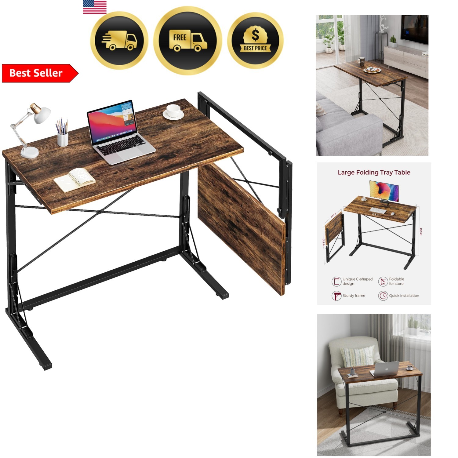 Folding Desk TV Tray Table for Eating Working Writing 31.5 inch Extra Large gallery