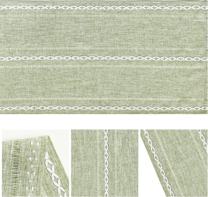 Artoid Mode Sage Green Rustic Cotton Linen Table Runner, Seasonal Embroidered Ho gallery