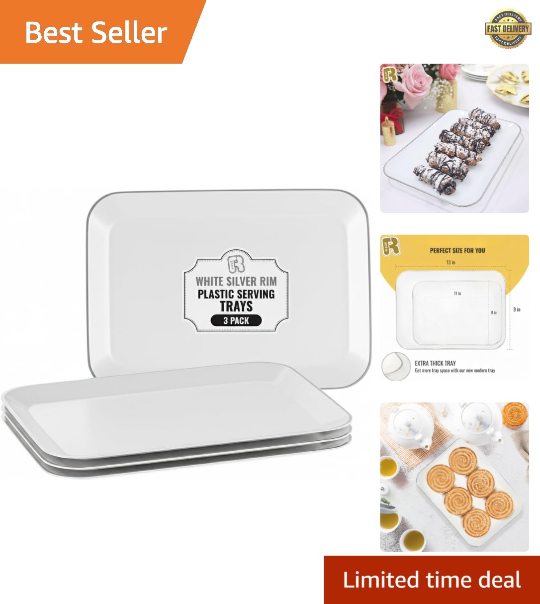 8x11 Inch Rectangular Silver Plastic Dessert Trays - Pack of 3 for Entertaining gallery