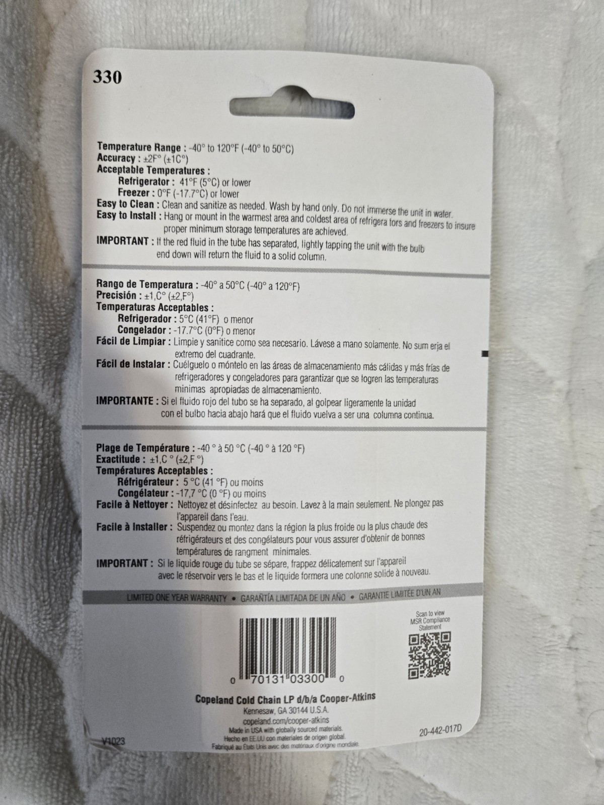 Cooper-Atkins 330-01 Refrigerator Freezer Thermometer -40 Degrees F to 120 gallery