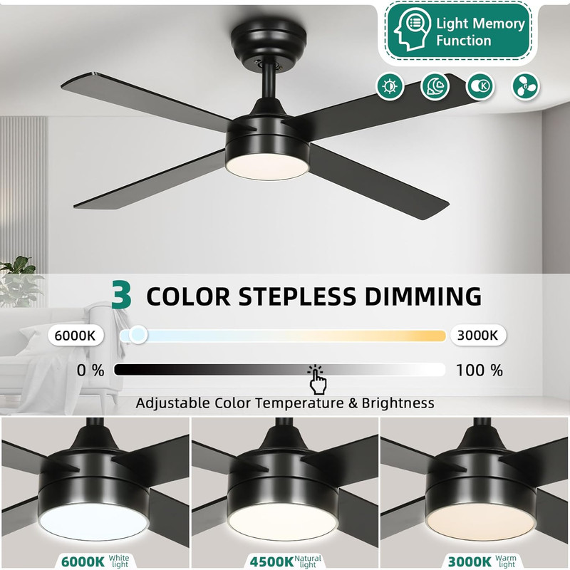 48 Inch Black Ceiling Fan with Lights and Remote,4 Blades, App Control, Modern S gallery