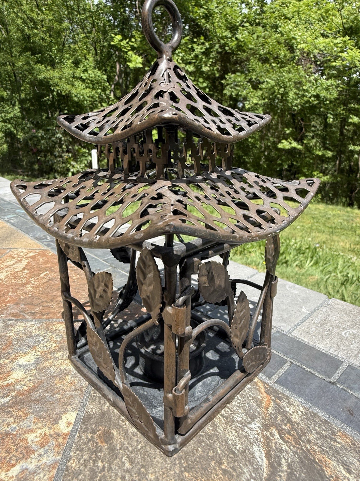 Vintage Cast Metal Pagoda Lantern / Decorative Asian-Style Outdoor Sculpture gallery
