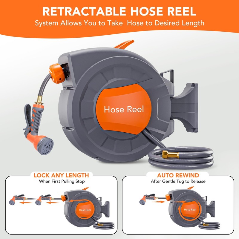 1/2 in x 72 ft Wall Mounted Retractable Garden Hose Reel w/ 9 Function Sprayer gallery