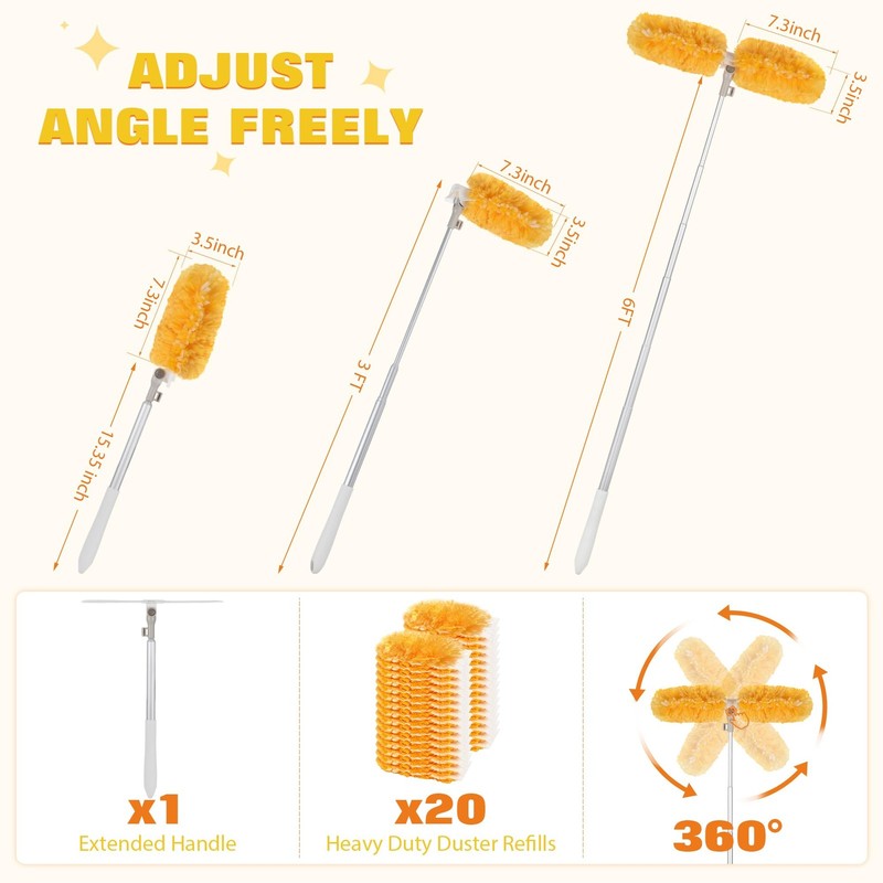 6 ft Extendable Duster Handle with 20 Pcs 360° Heavy Duty Refills Kit gallery