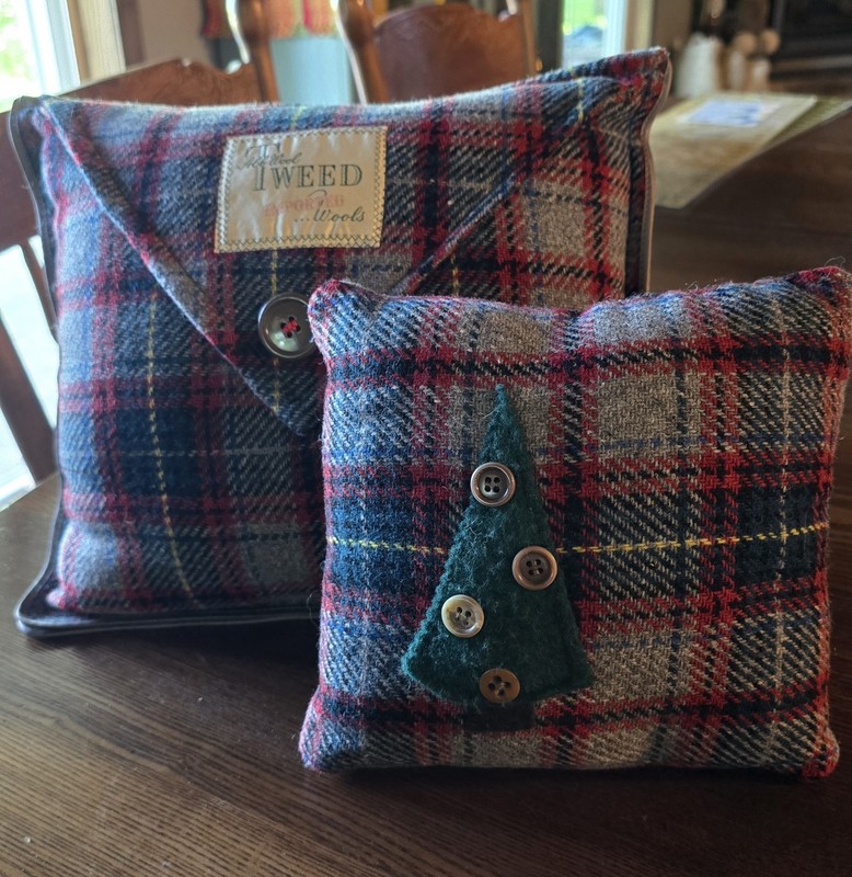 2 Decor Handmade Wool Pillows Gray Green Blue Gold Black w/Tree Button 13x11 7x7 gallery