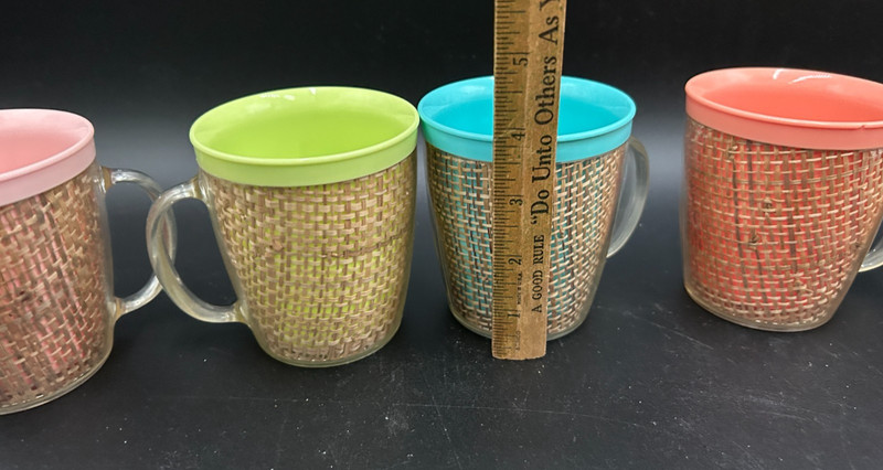 6 Vintage Thermo-Temp Raffiaware Burlap Acrylic Coffee Handled Mugs Cups 3 1/4" gallery