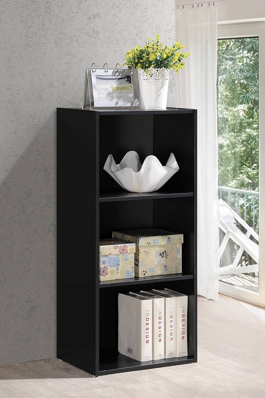 Compact Black 3-Shelf Bookcase - Durable Engineered Wood for Clutter-Free Living gallery