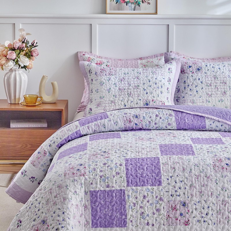 Patchwork Quilt Set King Size,3 Pieces Purple White Pink Floral Plaid Reversi... gallery