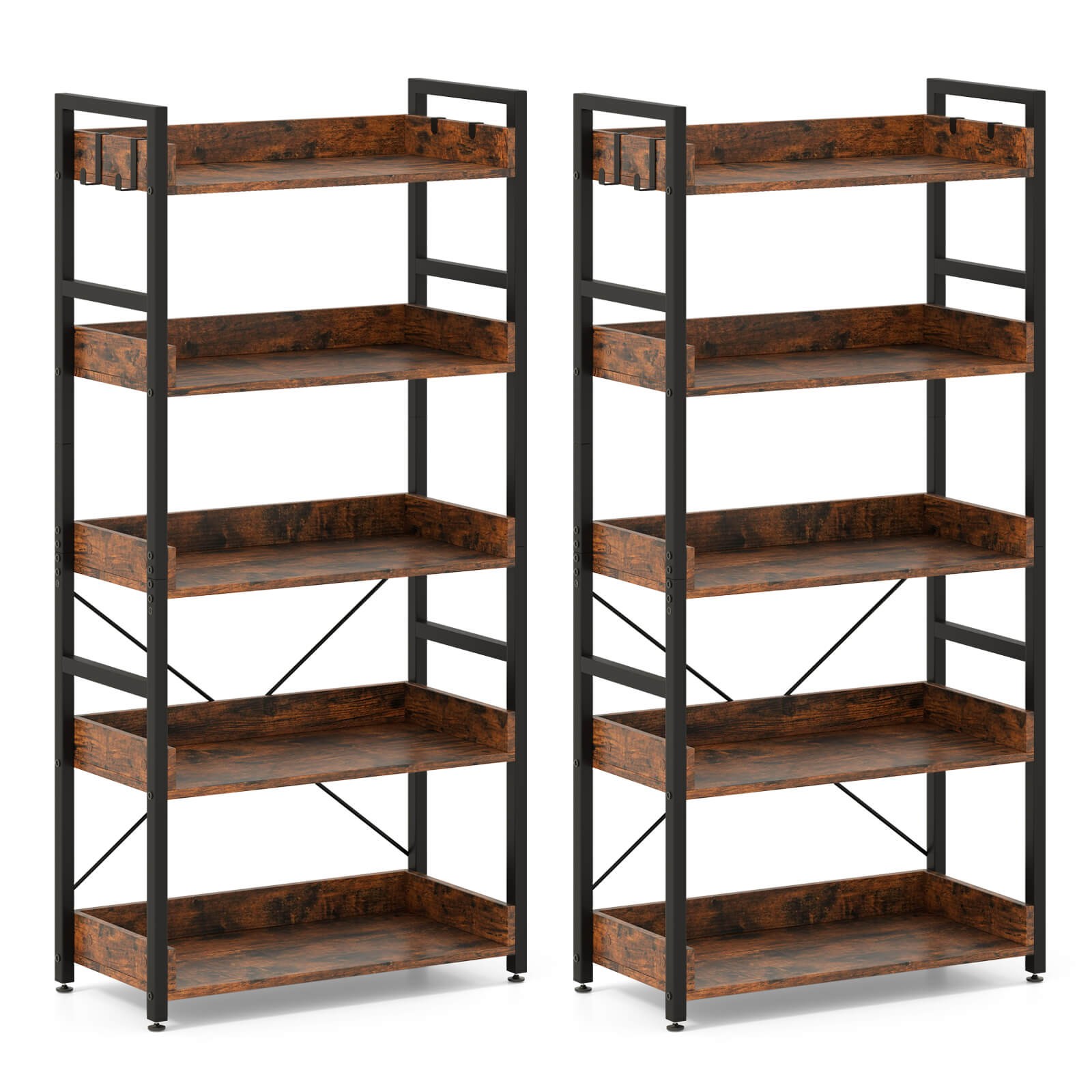 2PCS 5-Tier Storage Rack w/ 4 Hooks Open Display Shelves Metal Frame Display gallery