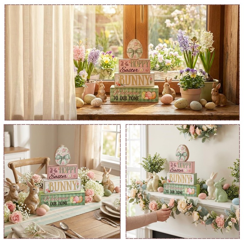 Easter Decorations, 4 Pcs Wooden Easter Table Decorations, Easter Egg Tiered Tra gallery