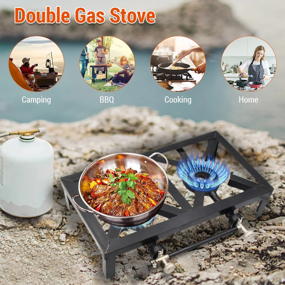 Cast Iron Double Burner Portable Outdoor Camp Stove Propane Gas LPG BBQ Cooker gallery