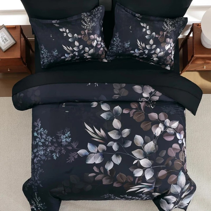 Black Comforter Set Queen Size 7 Pieces Bed in a Bag, Botanical Floral Print Bed gallery