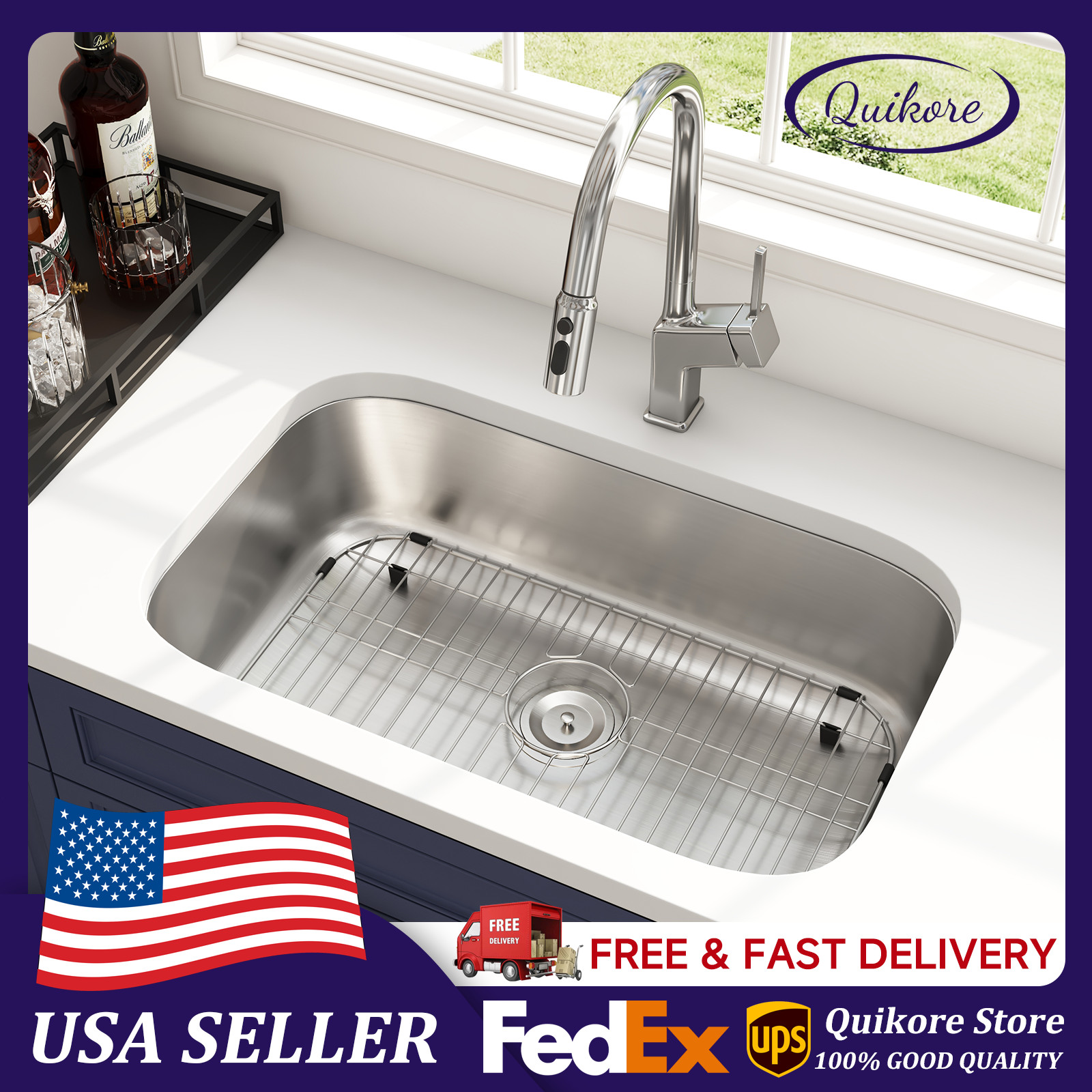 Quikore 32 Inch Undermount Kitchen Sink with Basket Strainer ＆ Bottom Grid gallery