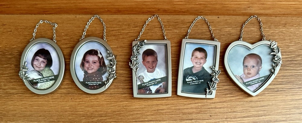 Hanging Ornaments Mini Picture Frames Set of 5 Silver Tone Oval Heart Rectangle