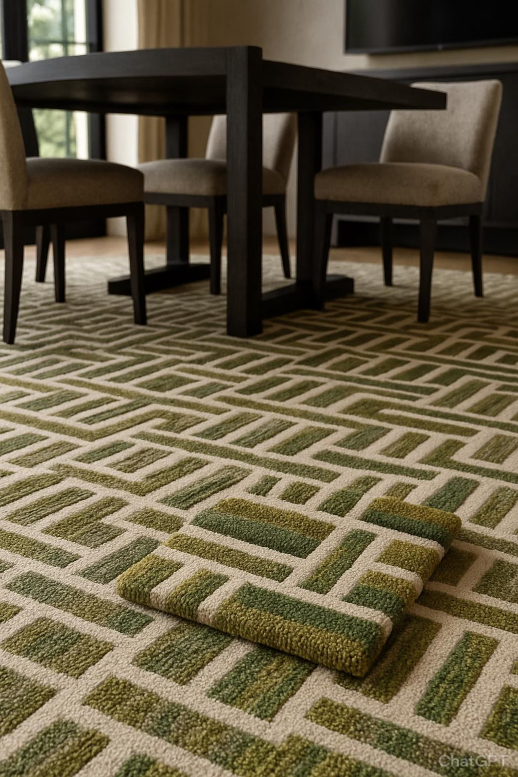 Premium Quality Hand-Tufted Wool Rug: Green Beige Geometric High-Low Pile 9x10 gallery
