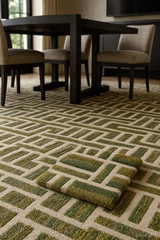 Premium Quality Hand-Tufted Wool Rug: Green Beige Geometric High-Low Pile 9×10