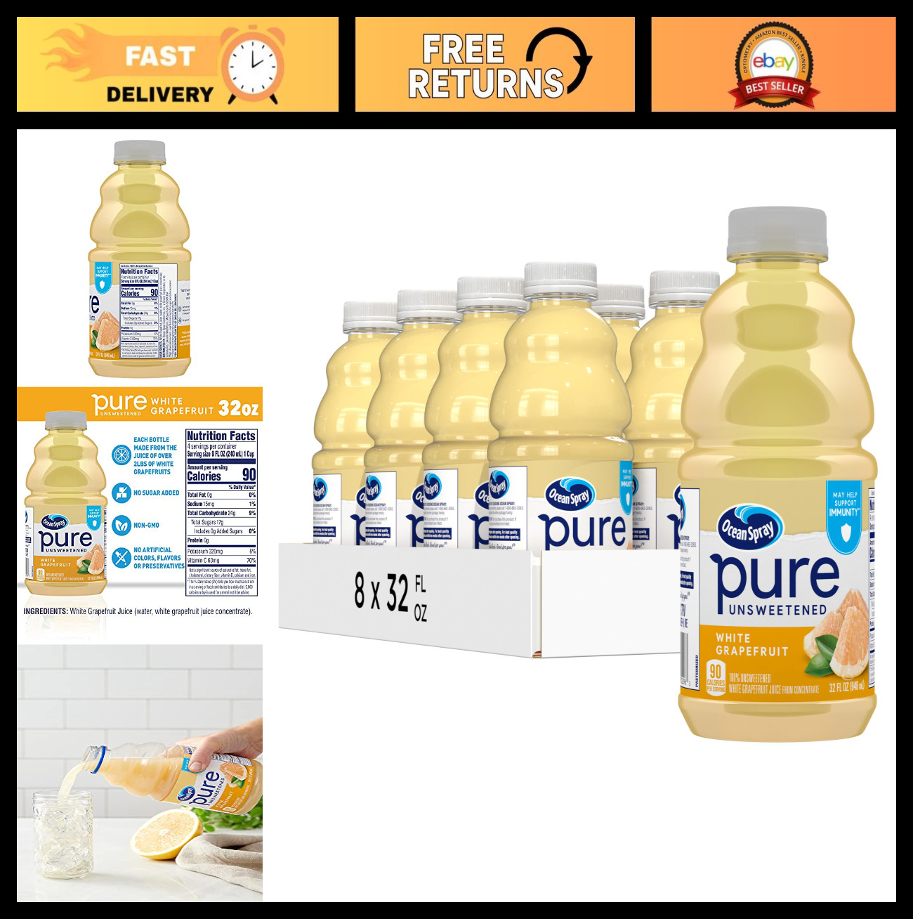 100% Pure Unsweetened White Grapefruit Juice, 32 Fl Oz Bottle, Pack of 8 gallery