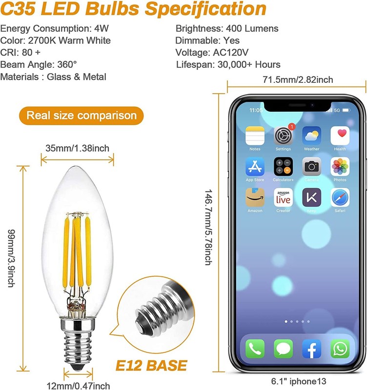 BRIMAX Dimmable E12 LED Candle Light Bulbs C35T 2700K Chandelier Bulbs, 12 Pack gallery