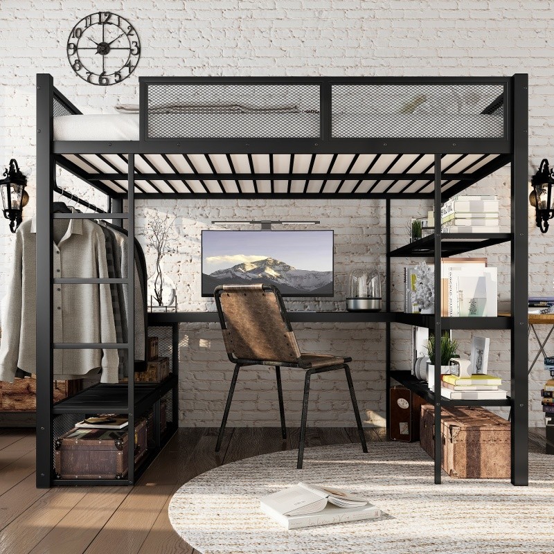 Queen Size Loft Bed with Desk, Metal Loft Bed with Storage Shelves & Hanging Rod gallery