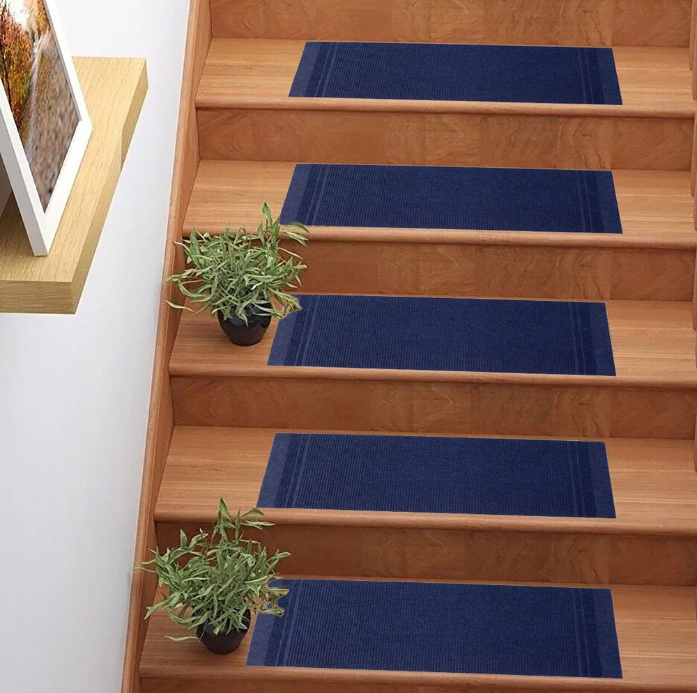 Custom Size Low Profile Striped Solid Dark Blue Stair Treads By Inches