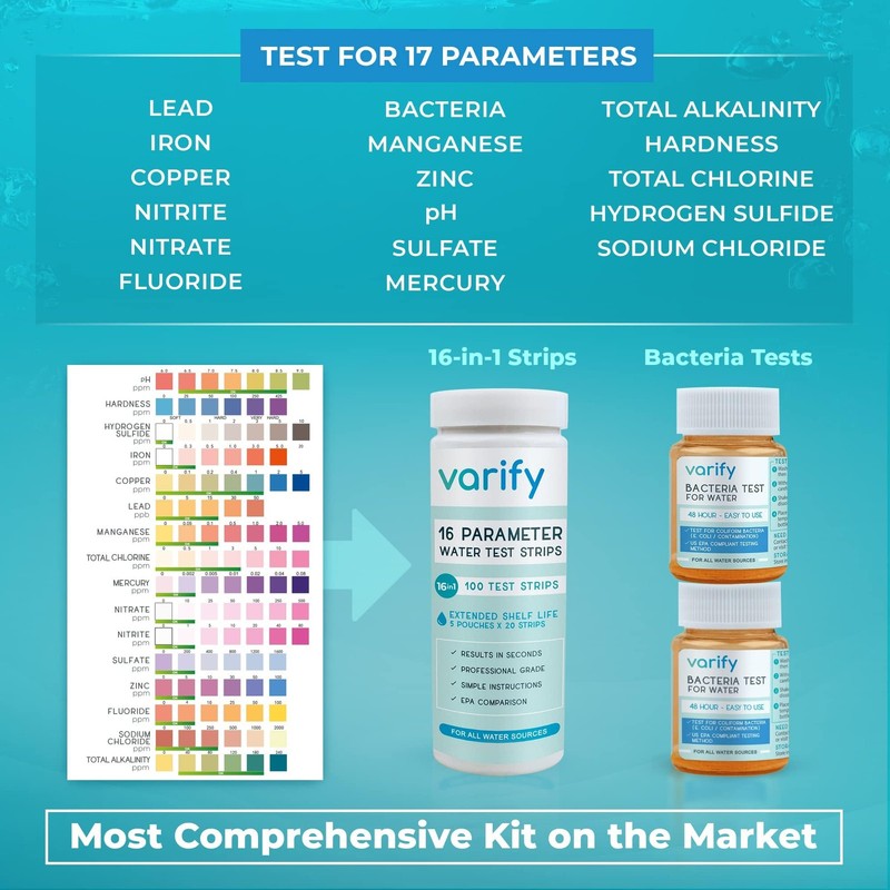 Varify 17in1 Complete Drinking Water Test Kit - 100 Strips + 2 Bacteria Teste... gallery