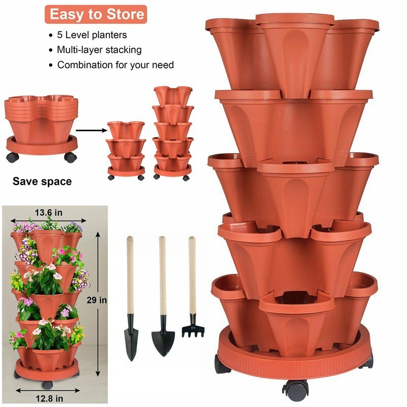 5 Tier Stackable Planters Vertical Planter Garden Tower Pots with Wheels & Tools gallery