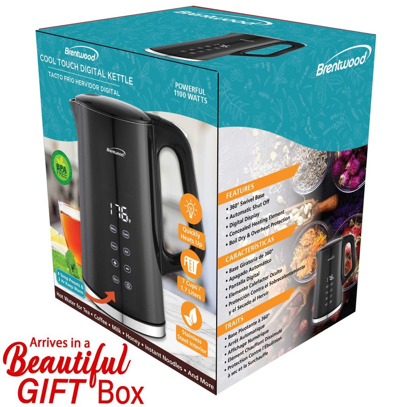 1100W 1.7L Cordless Cool-Touch Digital Electric Kettle Stainless Steel Interior gallery
