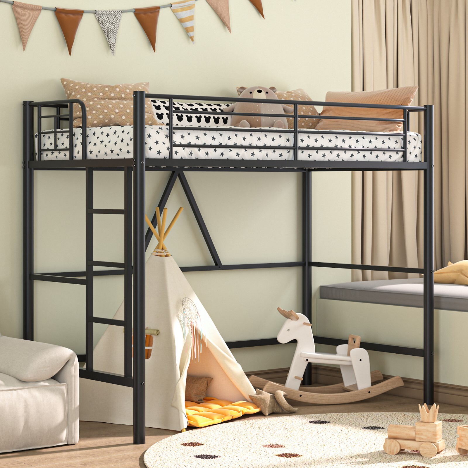 Twin Size Metal Loft Bed w/Removable Ladder and Safety Guardrail Easy Assembly gallery