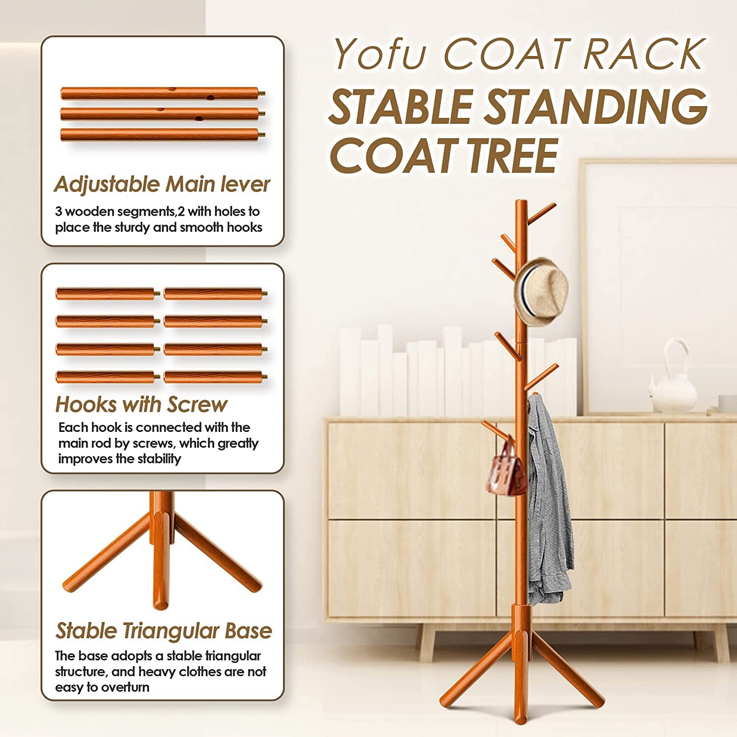 Coat Rack Adjustable beech coat racks stand Freestanding Coat Tree w/ 3 Sections gallery