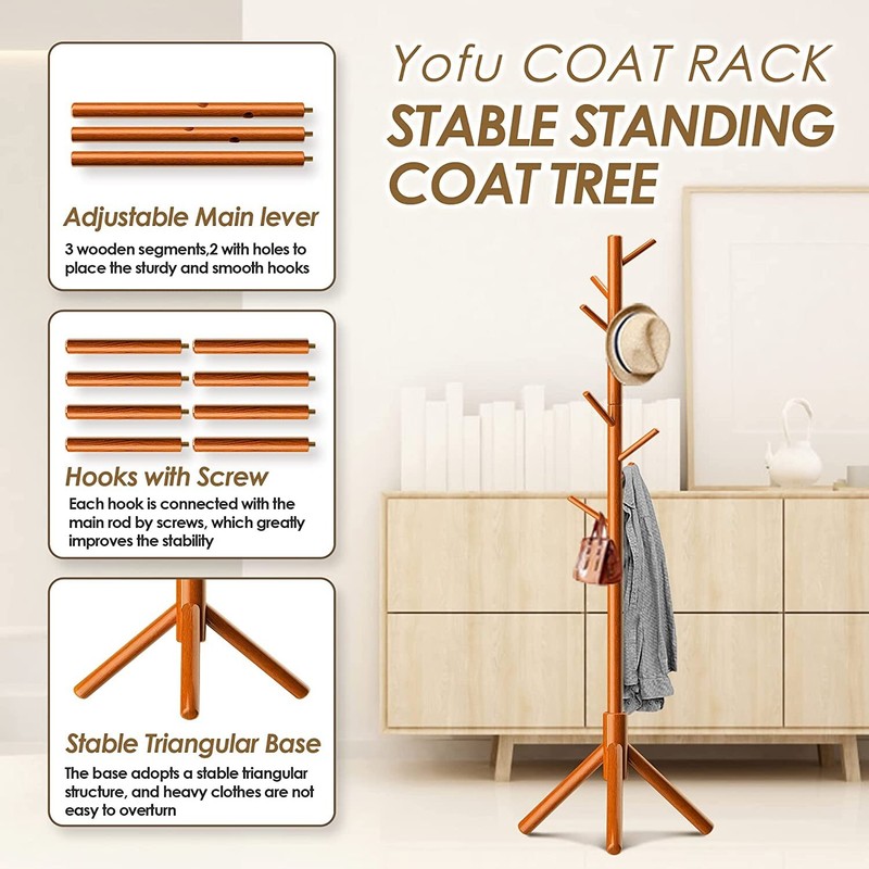 Coat Rack Adjustable beech coat racks stand Freestanding Coat Tree w/ 3 Sections gallery
