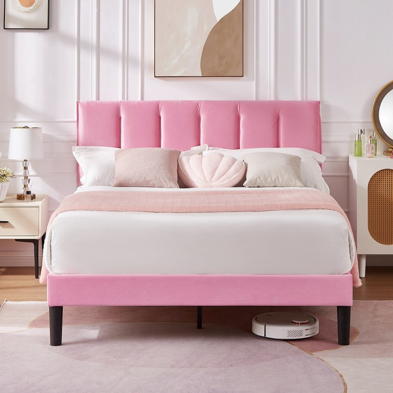 Vecelo Upholstered Platform Full Queen Bed Frame with Headboard Wooden Slat Pink gallery