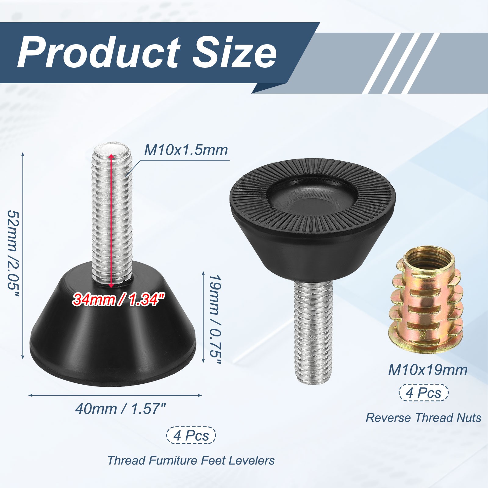 4Pcs M10 x 34mm Thread Adjustable Furniture Levelers Chair Feet Glides 40x52mm gallery