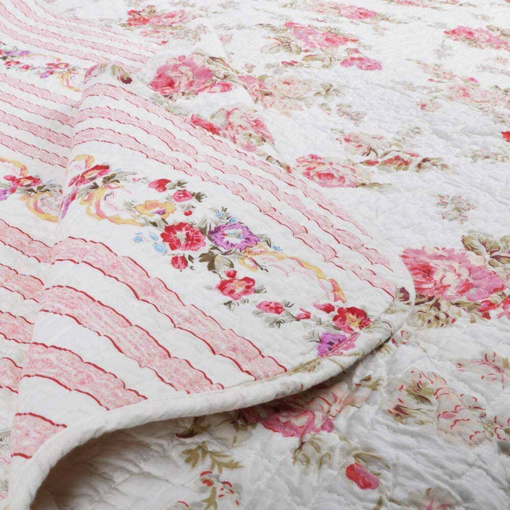 Spring Peony Pink Red Floral Printed Reversible Cotton Quilted Throw gallery