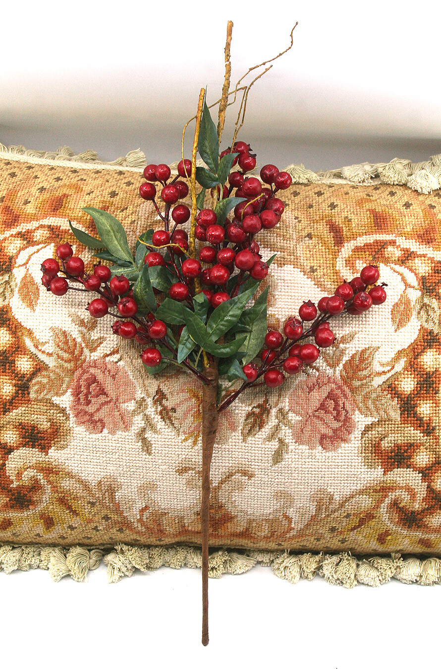 CHRISTMAS RED BERRIES LEAVES & TWIGS FLORAL SPRAY STEM HOME DECOR DECORATION 16" gallery