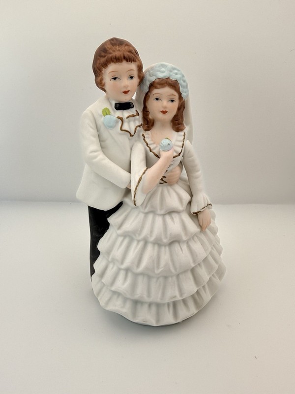 Matte Victorian Style Porcelain Bride Groom Wedding Cake Topper Blue Flower gallery
