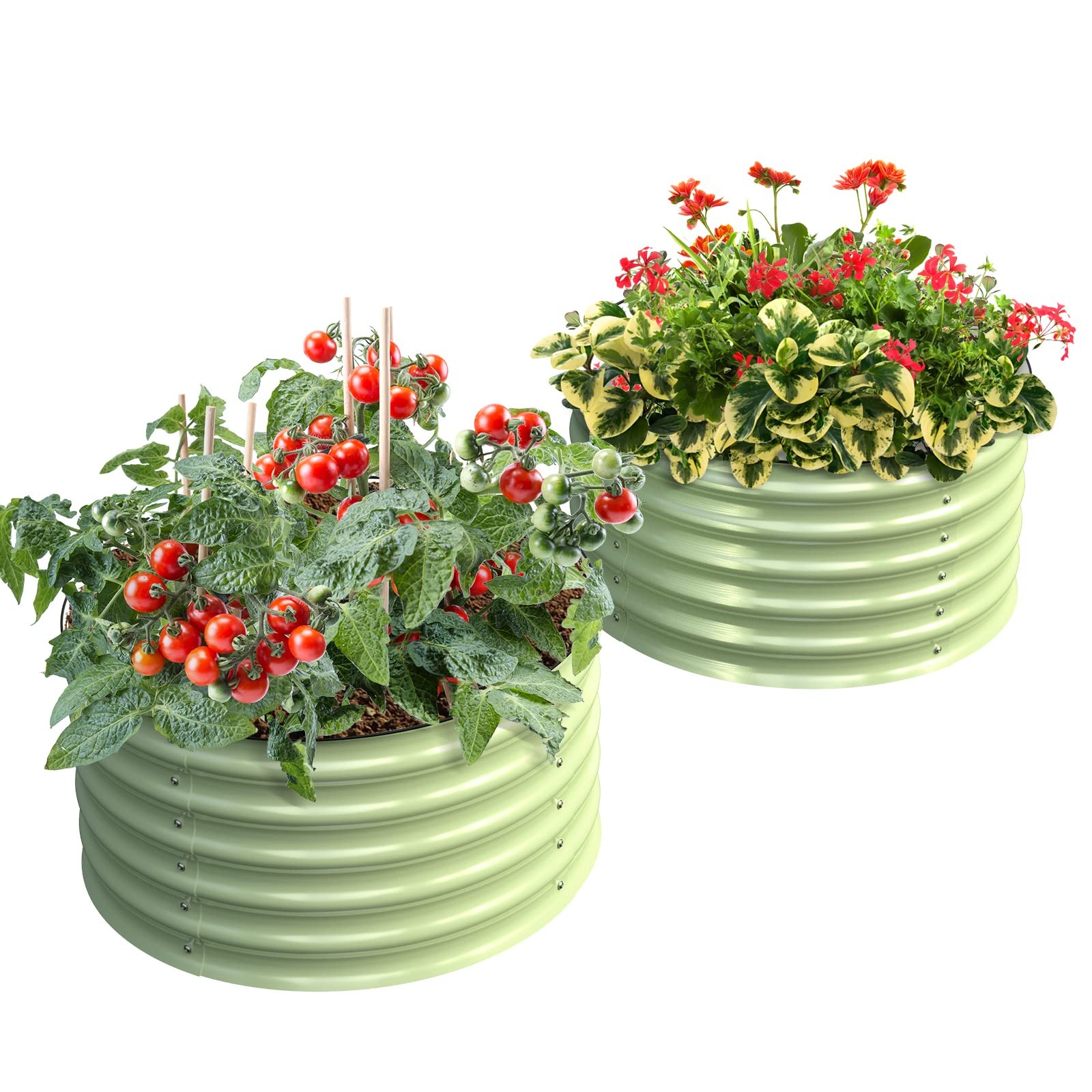 OLLE TWIN ROUND METAL GARDEN BEDS VEGETABLES 17" TALL 24" X 17" -SAGE GREEN gallery
