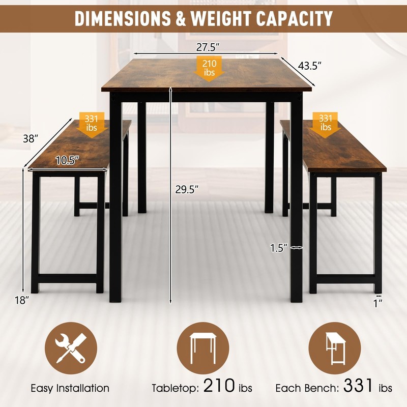 Dining Table Set for 4, 3-Piece Kitchen Table with 2 Benches, 43.5’’ Space Sa... gallery