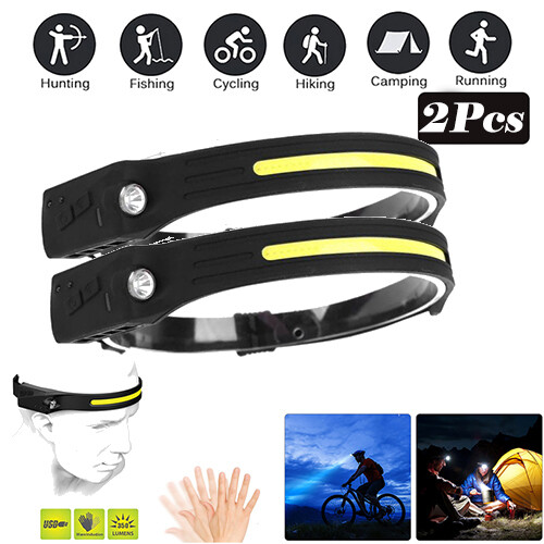 2PCS COB LED Headlamp Headlight Torch Work Light Bar Head Band Lamp USB Charging gallery