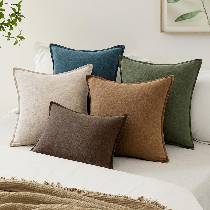 EMEMA Decorative Linen Throw Pillow Covers 18x18 Inch Dark Olive Green Boho F... gallery