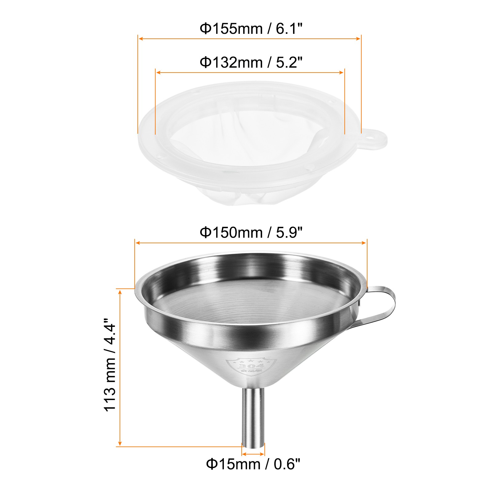 5.9" Dia Stainless Steel Kitchen Funnel with 100 Mesh Strainer White Silver Tone gallery