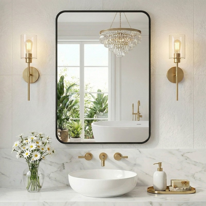 DUMOS Bathroom Rectangular Round Corner Mirror Wall Mounted Metal Frame Mirror gallery