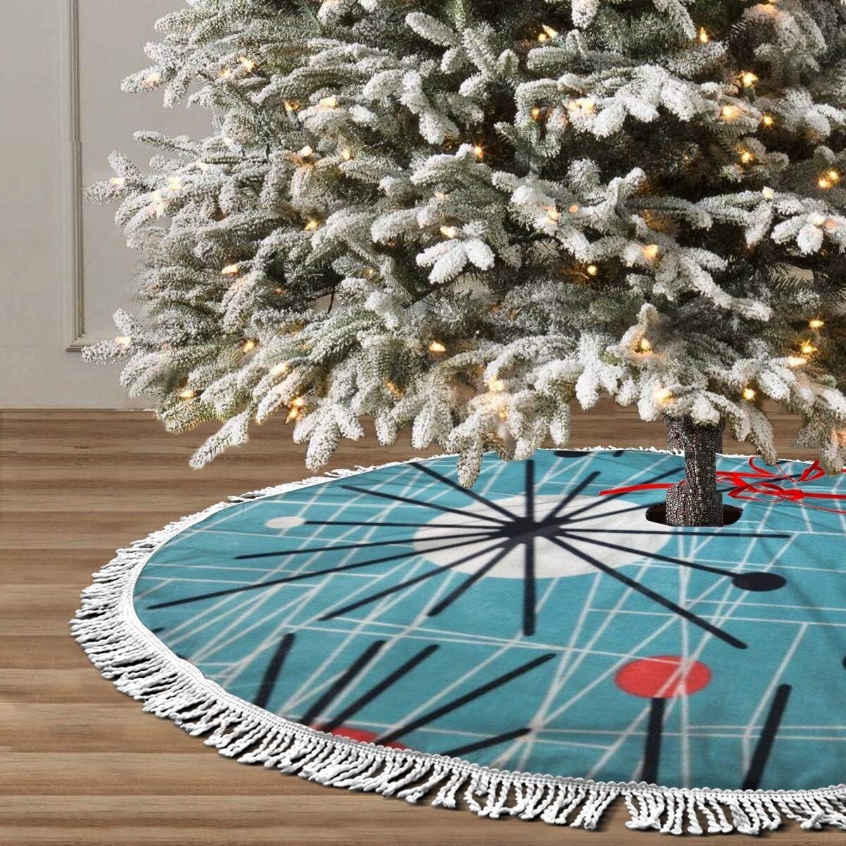 Christmas Tree Skirt 36" Inch Mid-Century Modern Pattern Xmas Mat White Tassels gallery
