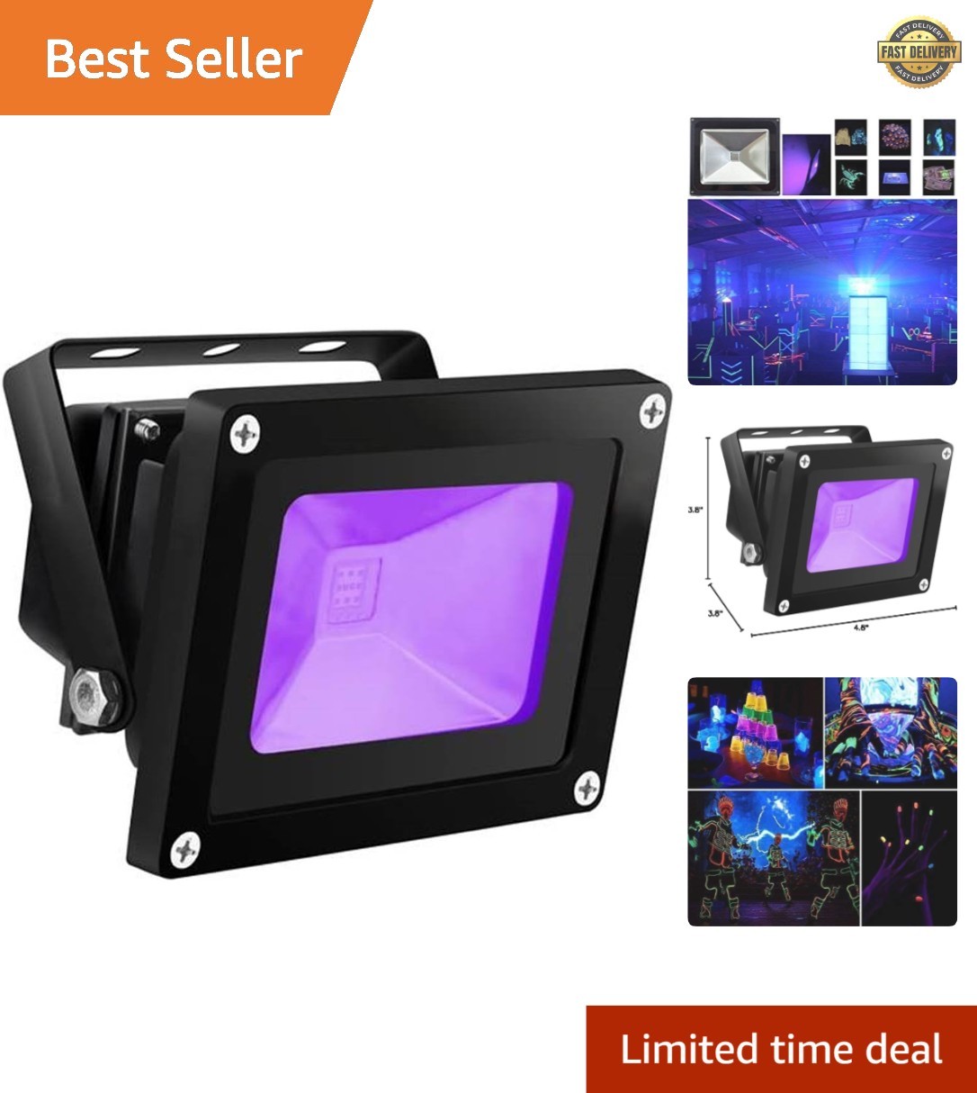UV LED Blacklight, High Power 10W LED Black Light Floodlight 85V-265V AC for... gallery
