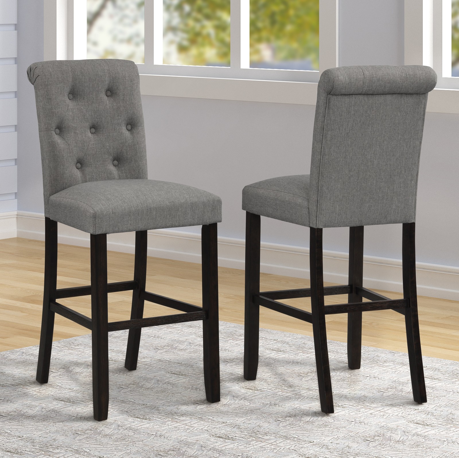 Leviton Solid Wood Tufted Asons Barstool, Set of 2, Grey gallery