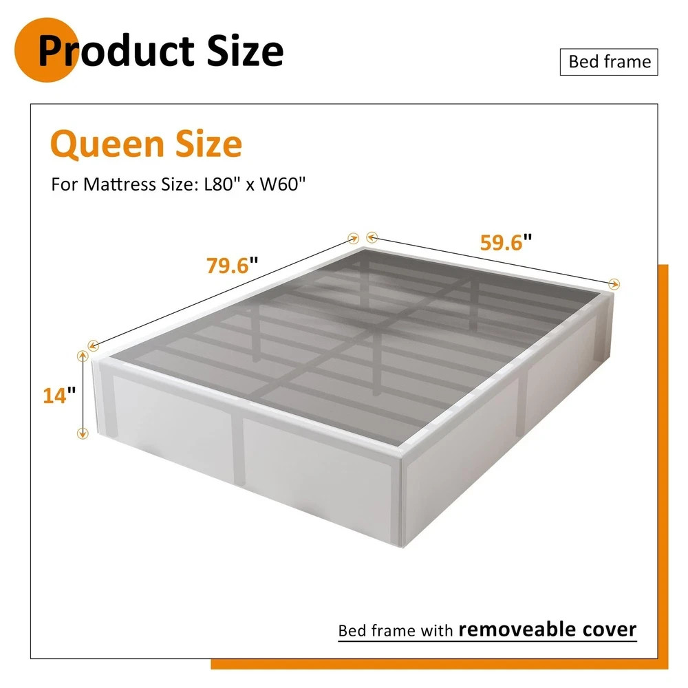 Bed Frame Queen 14 Inch 3000 lb Heavy Duty Metal Black Maenizi Size White Fabric gallery