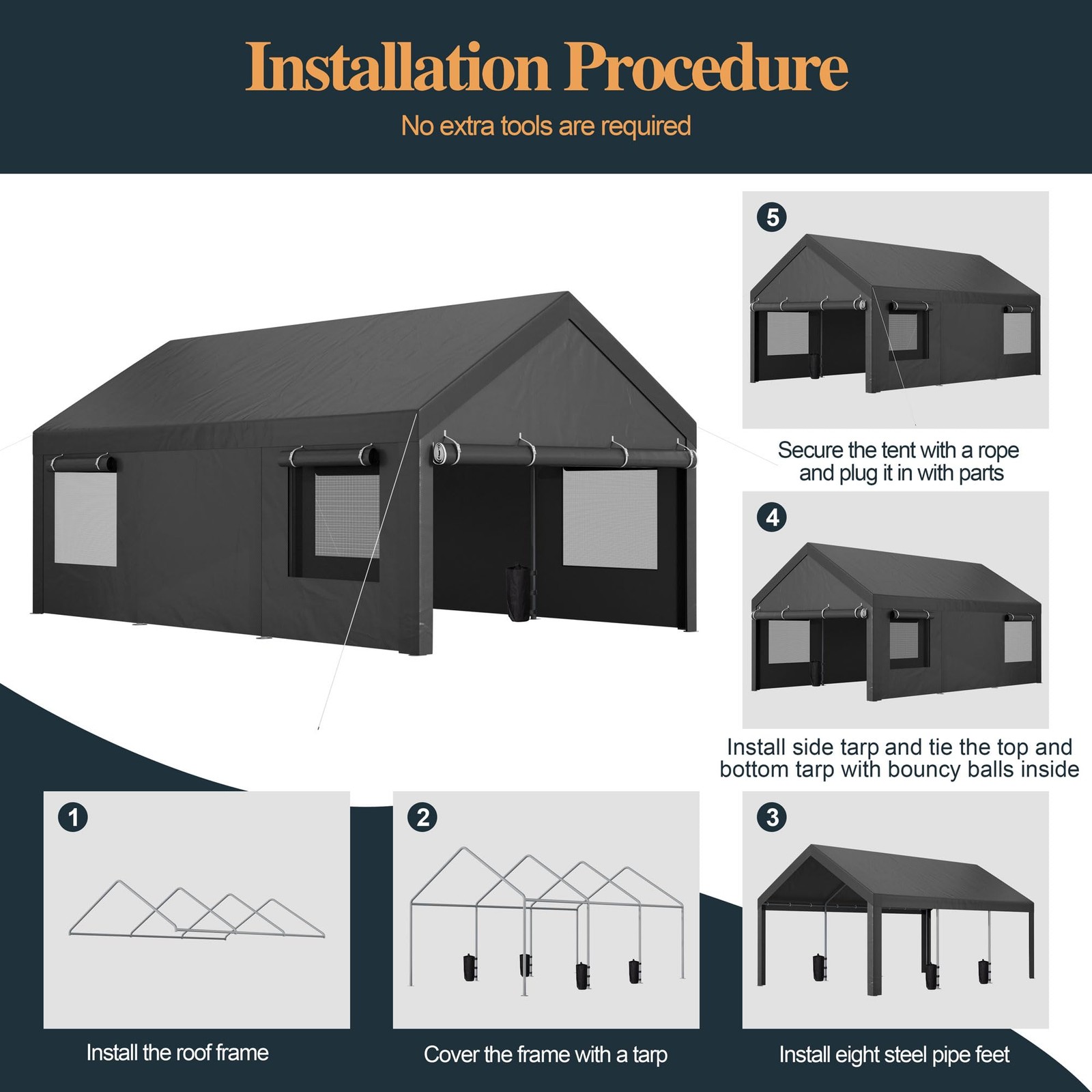 Shintenchi 12x20 FT Heavy-Duty Design Carport,Portable Garage 12*20 ft, Gray gallery